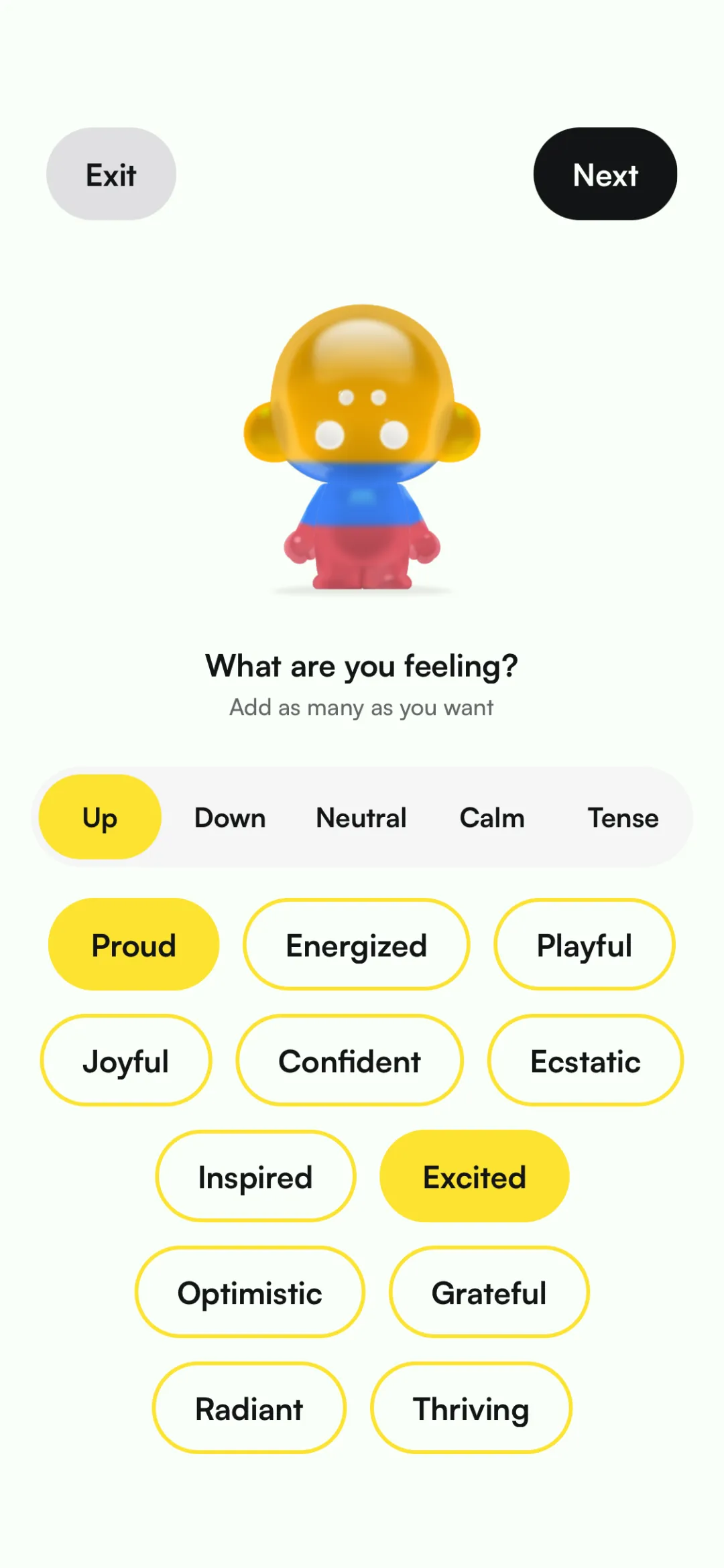 The Choose step of Gummy Journal: a list of feelings, with one selected.