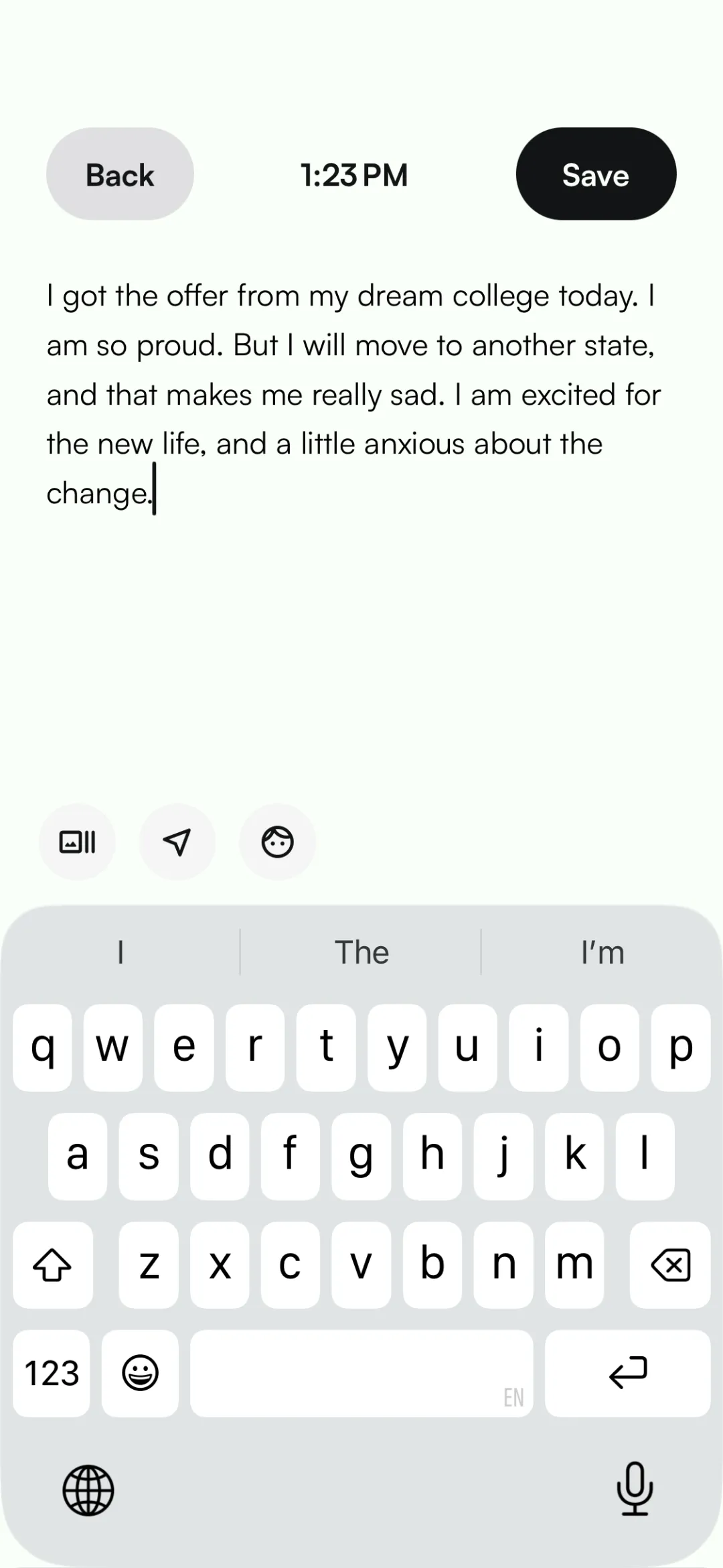 The Journal step: the text of an entry, with buttons for photos, a place, and people.