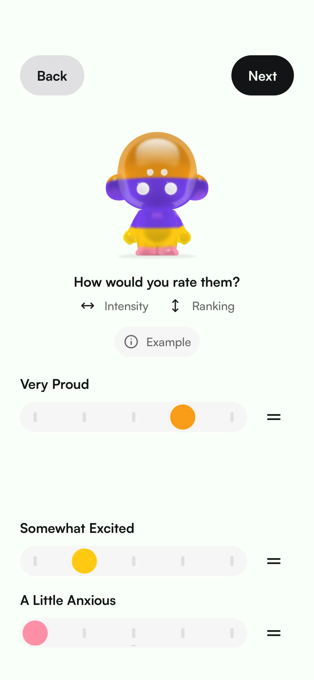 The Rate step: one slider for each feeling, in an order that you can change.